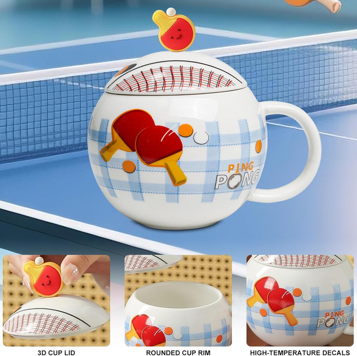 Lustige Tischtennis Kaffeetasse, Pingpong Keramik Becher, Ballform Cappuccino Tassen mit Deckel, Ges