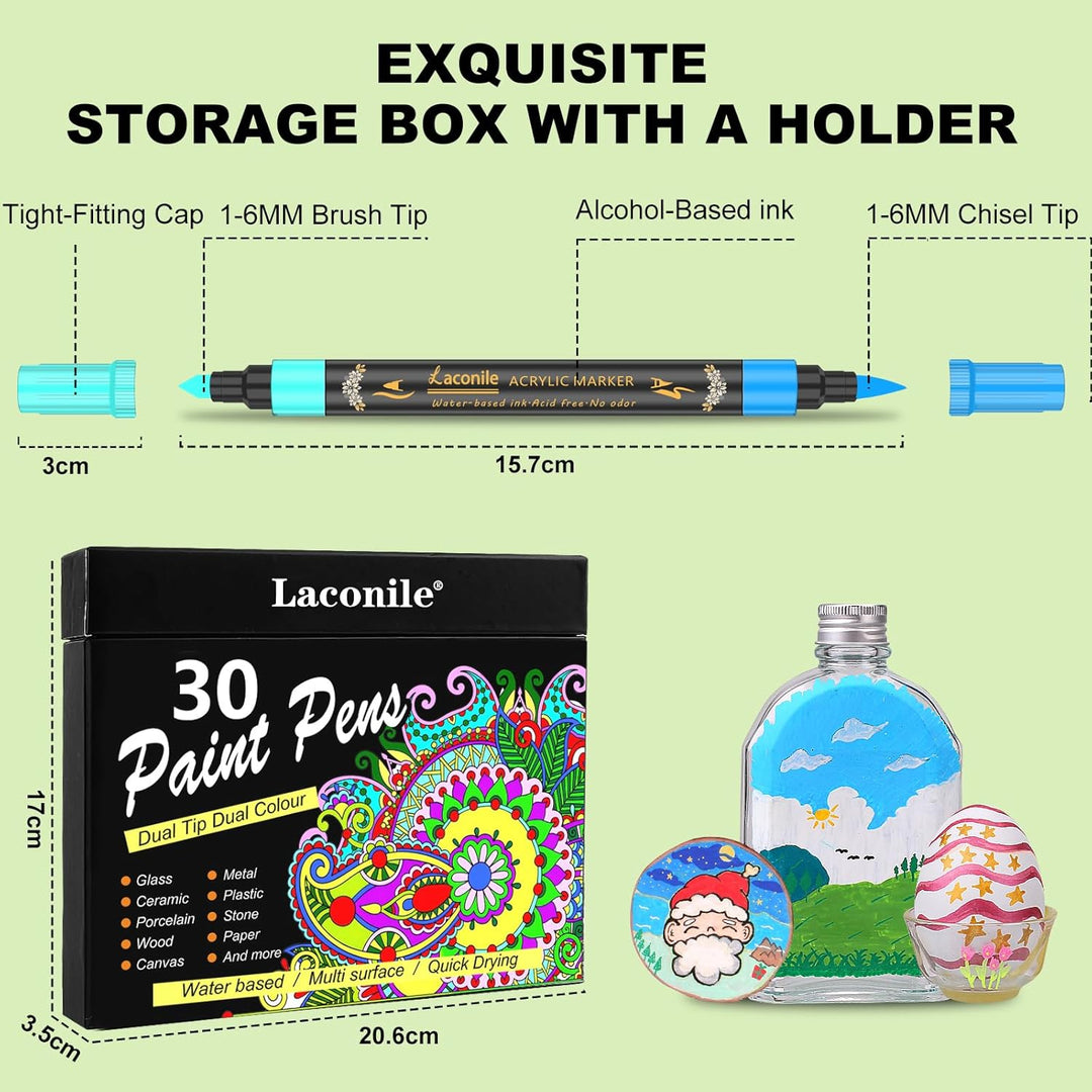 Laconile 30 Acryl Marker Stifte mit 60 Farben, Acrylstifte für Steine Wasserfest, Dual Tip Acryl Pai