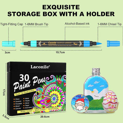 Laconile 30 Acryl Marker Stifte mit 60 Farben, Acrylstifte für Steine Wasserfest, Dual Tip Acryl Pai