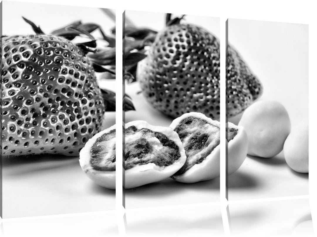Pixxprint Monocrome, Köstliche Erdbeeren mit Schokolade umhüllt 3-Teiler Leinwandbild 120x80 Bild au