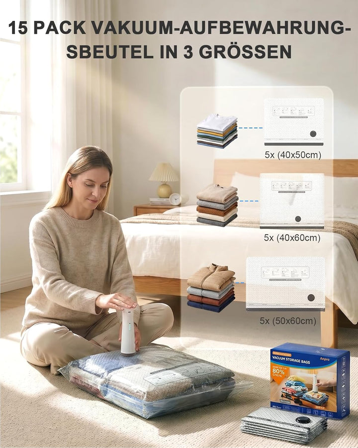 Anpro Vakuumbeutel für kleidung mit Kabellose Vakuumpumpe, 15 Stück Vakuumierbeutel Wasserdichte Wie