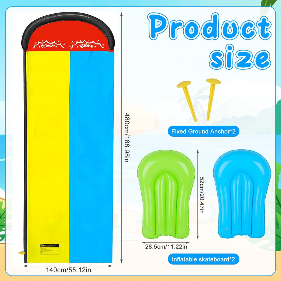 Mineup 480 x 140cm Wasserrutsche Garten, Wasserrutschmatte mit 2 Bodyboards, Doppelrutsche mit Einge
