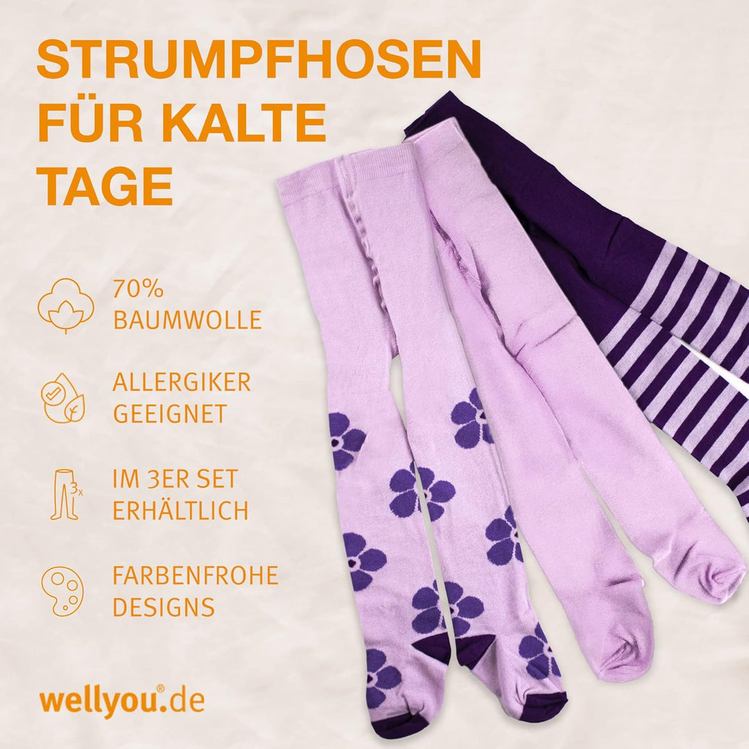 wellyou – Kinder Strumpfhosen Mädchen & Jungen – 3er Set Baby-Strumpfhosen mit Muster – bunte Baumwo