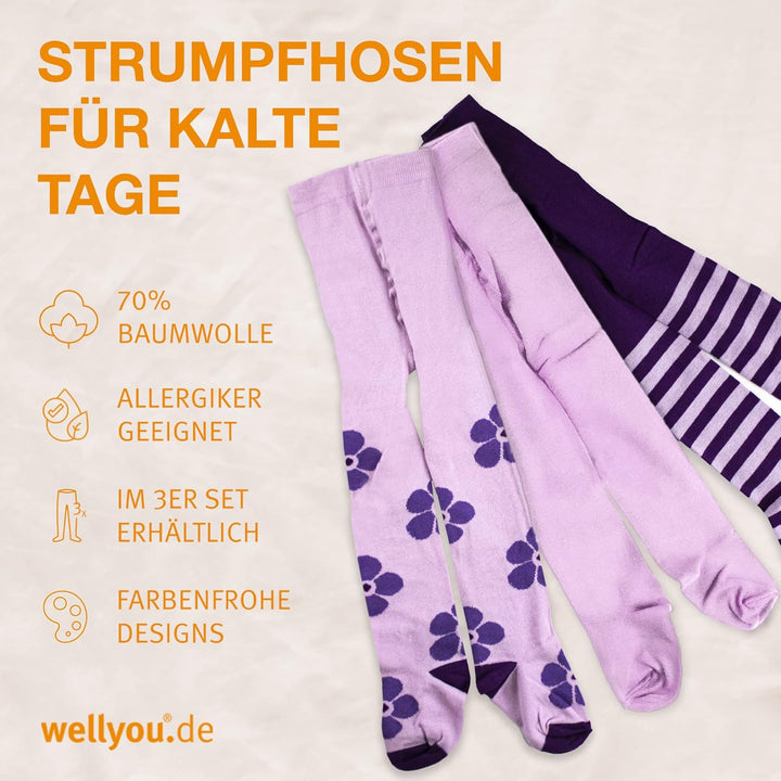 wellyou – Kinder Strumpfhosen Mädchen & Jungen – 3er Set Baby-Strumpfhosen mit Muster – bunte Baumwo