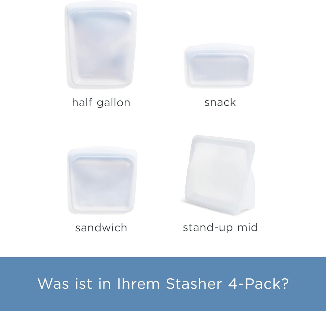 Stasher Zip Beutel aus Silikon, 4er-Pack mit 3 Grössen (transparent) | Silikonbeutel für Lebensmitte