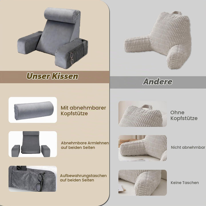 Gross lesekissen für Bett und Sofa, Erwachsene Rückenkissen Bett mit Nackenrolle &amp; Armlehnen, Ergono