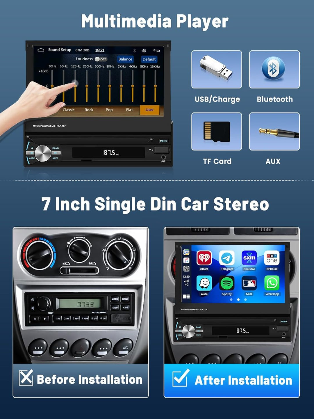 Hikity 1 Din Autoradio mit 7 Zoll Manuelle Ausfahrbarem Display Wireless Carplay Touchscreen Autorad
