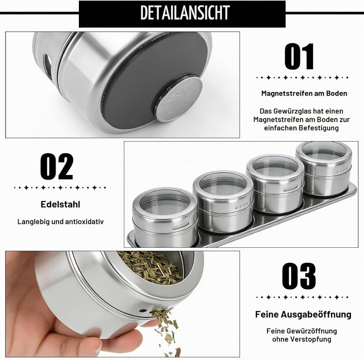 12 Stück Gewürzdosen Magnetisch, 100ml Edelstahl Transparent Top BBQ Gewürzdose, 2-in-1 Gewürzbehält