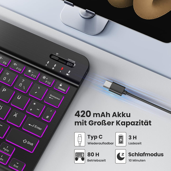 TECKNET Deutsche Bluetooth Tastatur für Tablet/iPad Mini/Pro/Air/10.2/10.9/iPhone/Android/Windows, i
