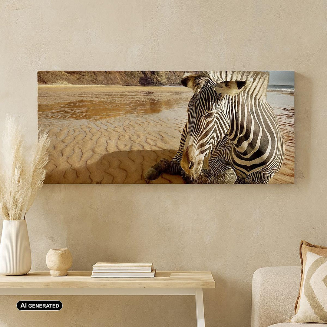 Panorama Bilder auf Leinwand 100x40cm Leinwandbild Zebra Strand Landschaft Gross Wanddeko Bild Schla