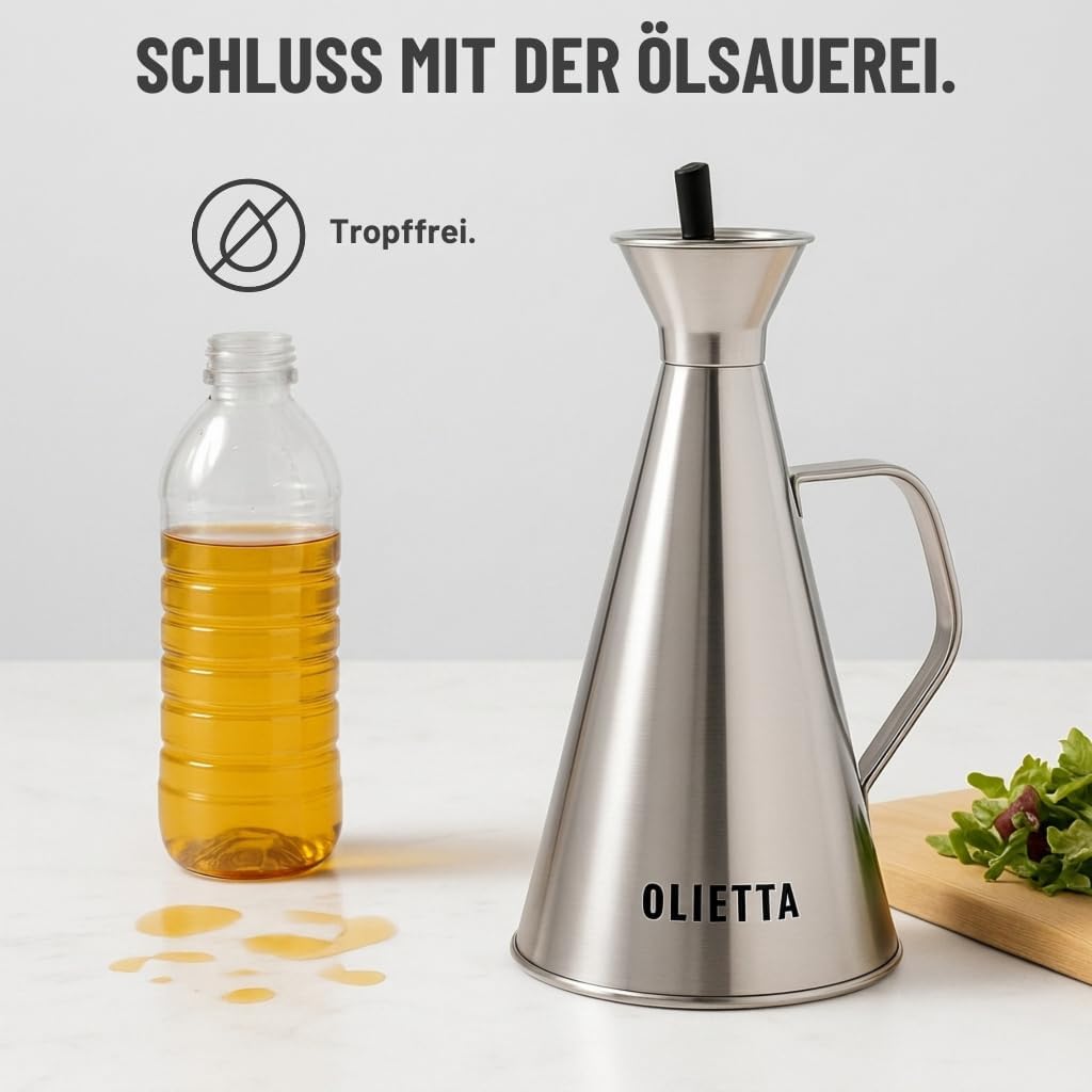 Olietta Ölflasche Tropf- und auslaufsichere aus Edelstahl 1000 ml Olivenöl flasche mit Ausgiesser zu