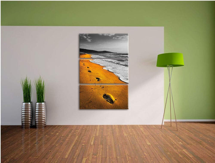 Spuren Im Sand am weiten Meer schwarz/weiss 3-Teiler Leinwandbild 120x80 Bild auf Leinwand, XXL ries
