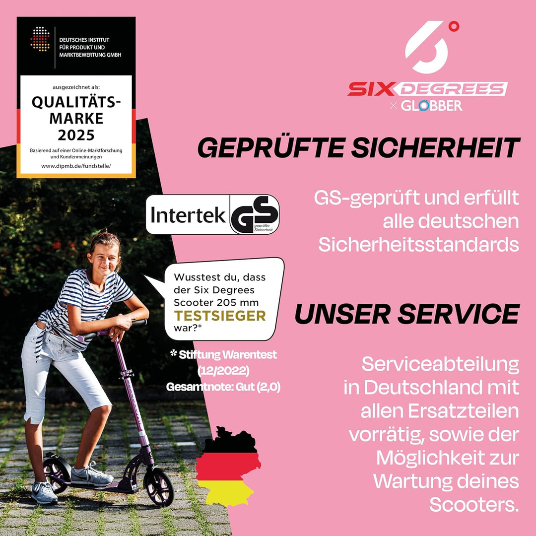 Six Degrees Aluminium Scooter mit Klappmechanismus, Ständer, 205 mm TESTSIEGER, ABEC 7, höhenverstel