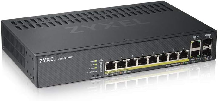 Zyxel Gigabit Ethernet Smart-Managed PoE+ Switch mit 8 Ports, einem Budget von 130 Watt und 2 Gigabi