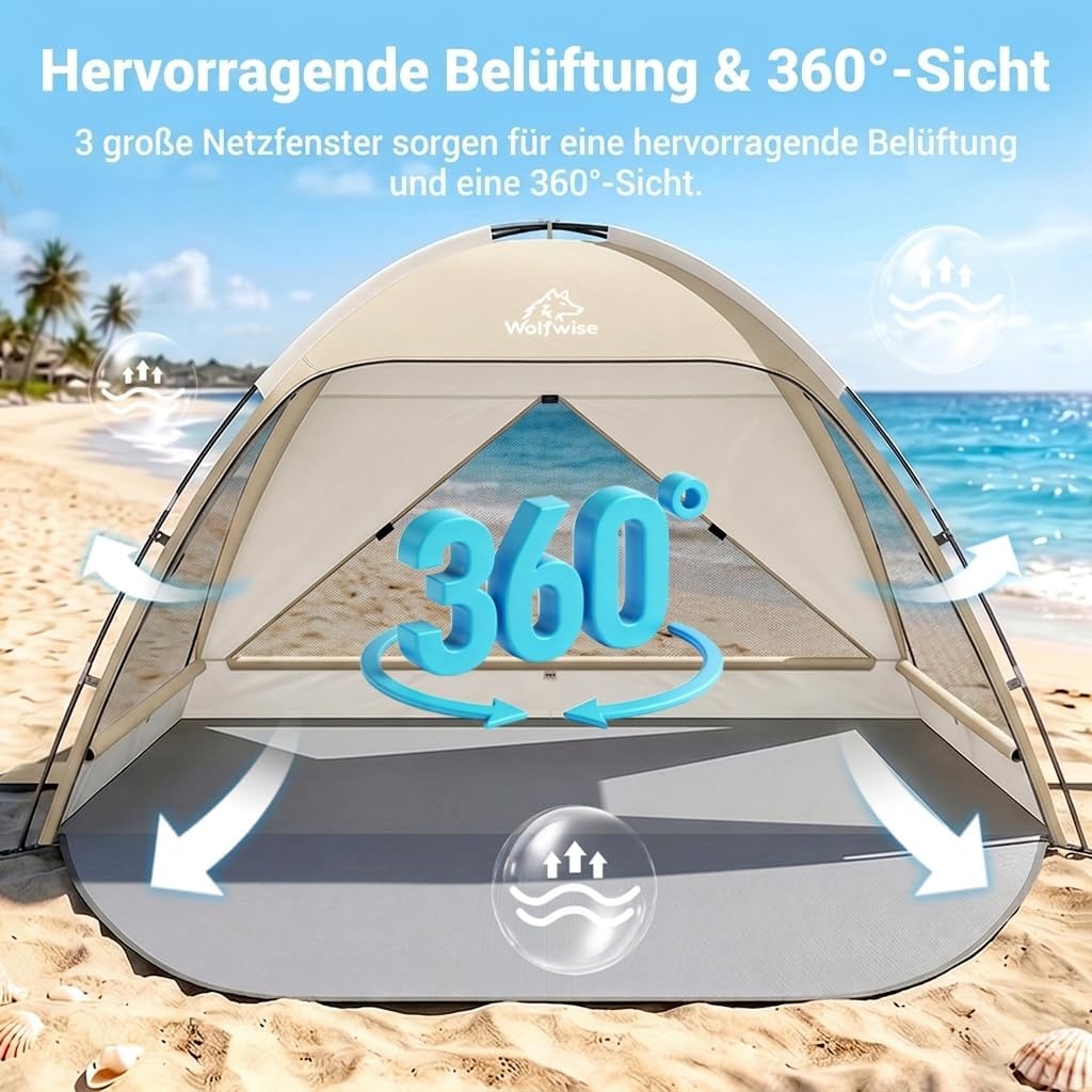 Wolfwise Strandmuschel UV Schutz, 3 Belüftungsfenster & Tragetasche, Strand Zelt mit erweiterbarem B