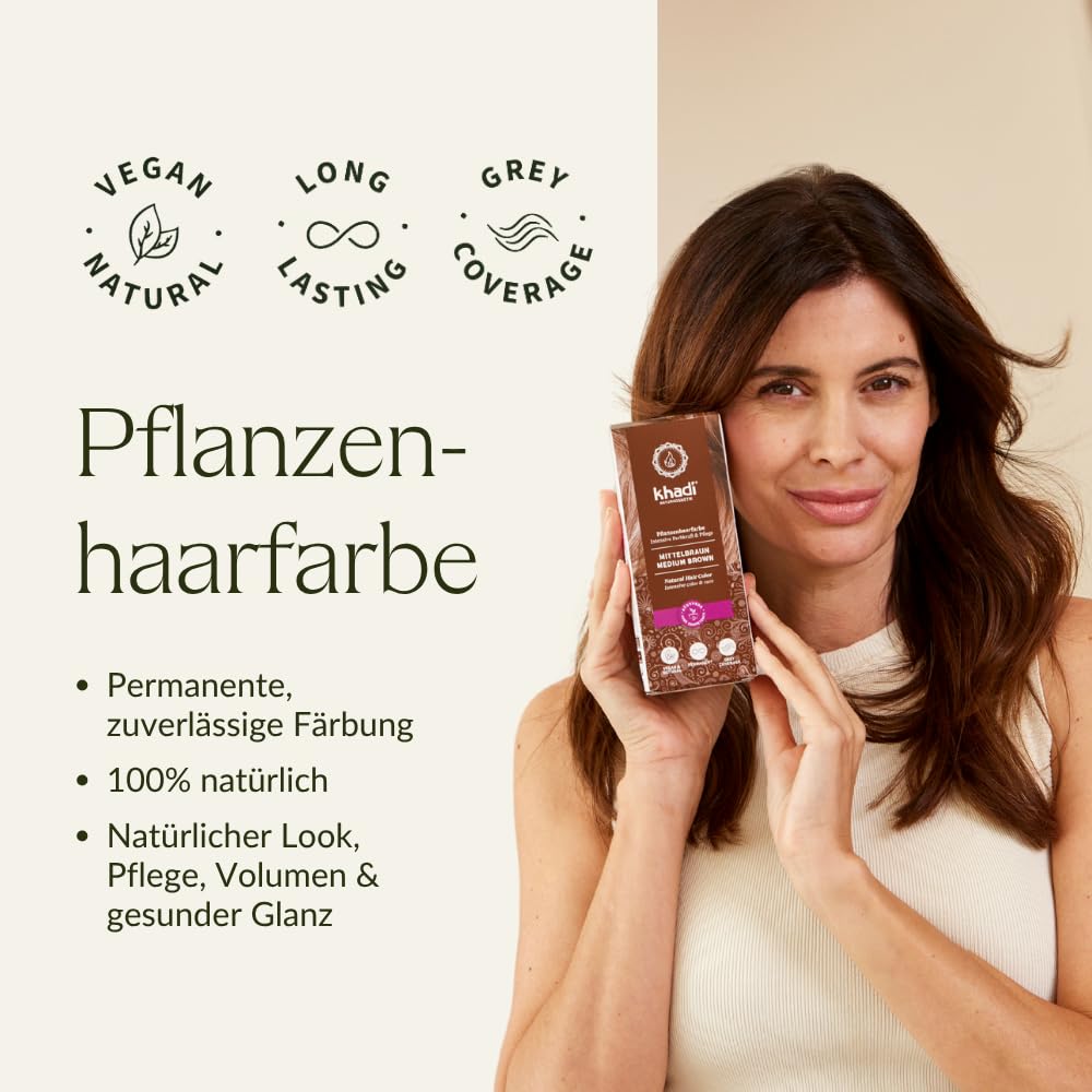 khadi MITTELBRAUN Pflanzenhaarfarbe - Haarfarbe für lebendiges, warmes Zimtbraun bis zu kräftigem, t