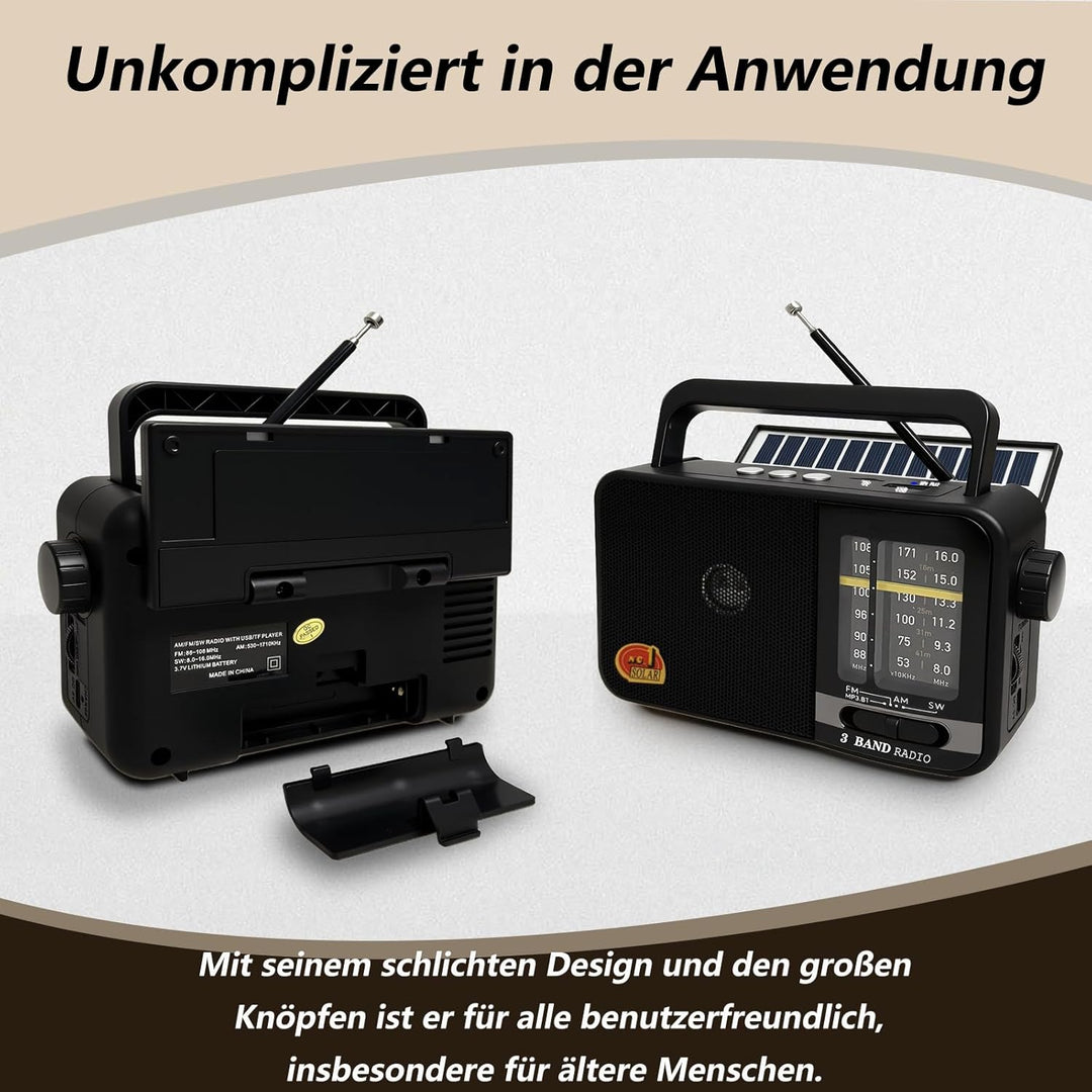 Bluetooth Radio Klein mit Solarzelle und 1200mAh-Batterie, AM/FM/SW Empfänger mit 8W Lautsprecher/TW