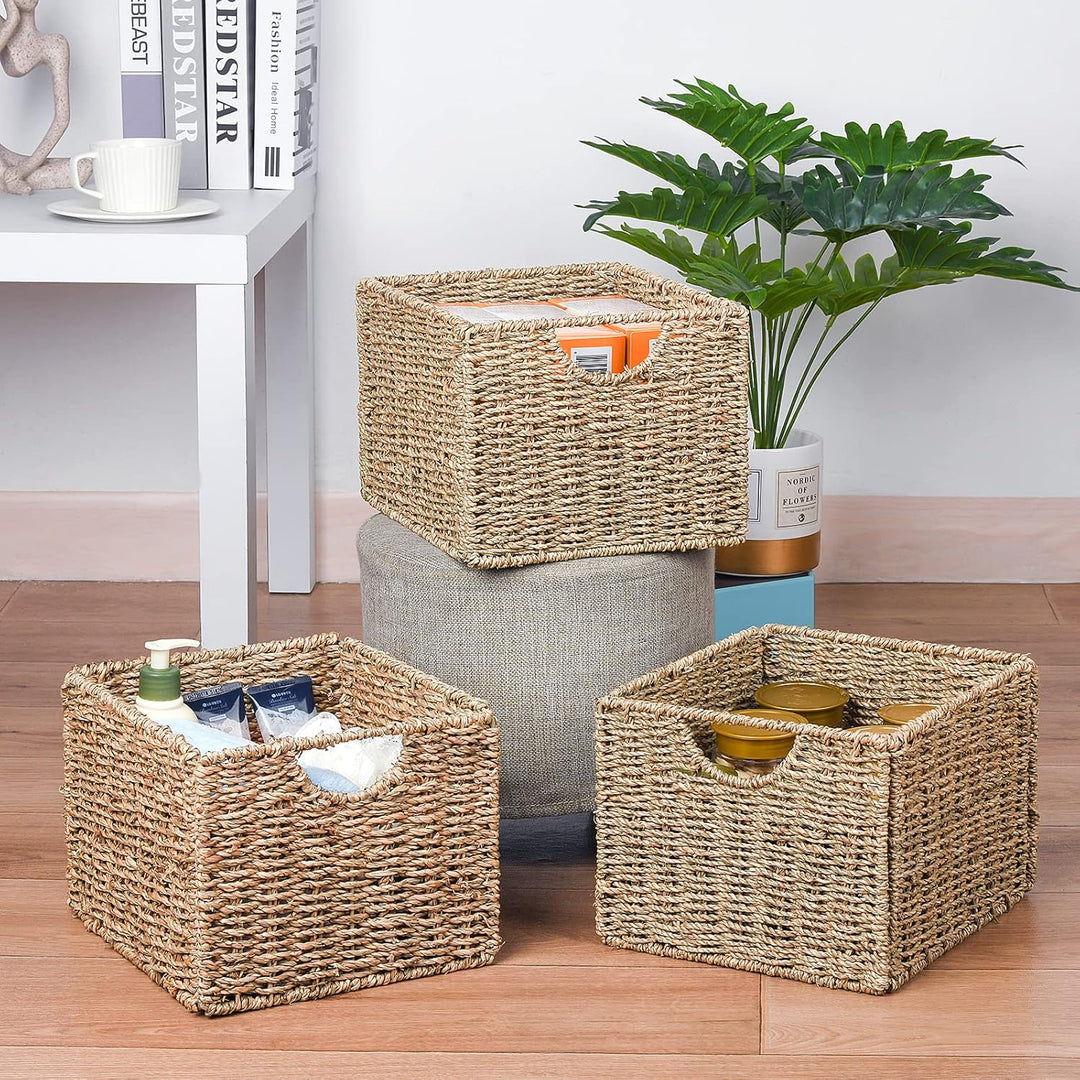 3er-Set Seegras Rechteckig Korb Aufbewahrungskorb, 26.5 x 24 x 19cm / Faltkorb Flechtkorb, Regalbox