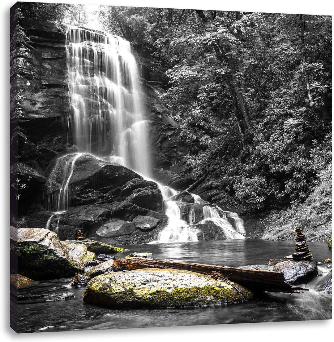 Pixxprint schöner Wasserfall mit Steinturm als Leinwandbild Quadratisch/Grösse: 70x70 / Wandbild/Kun