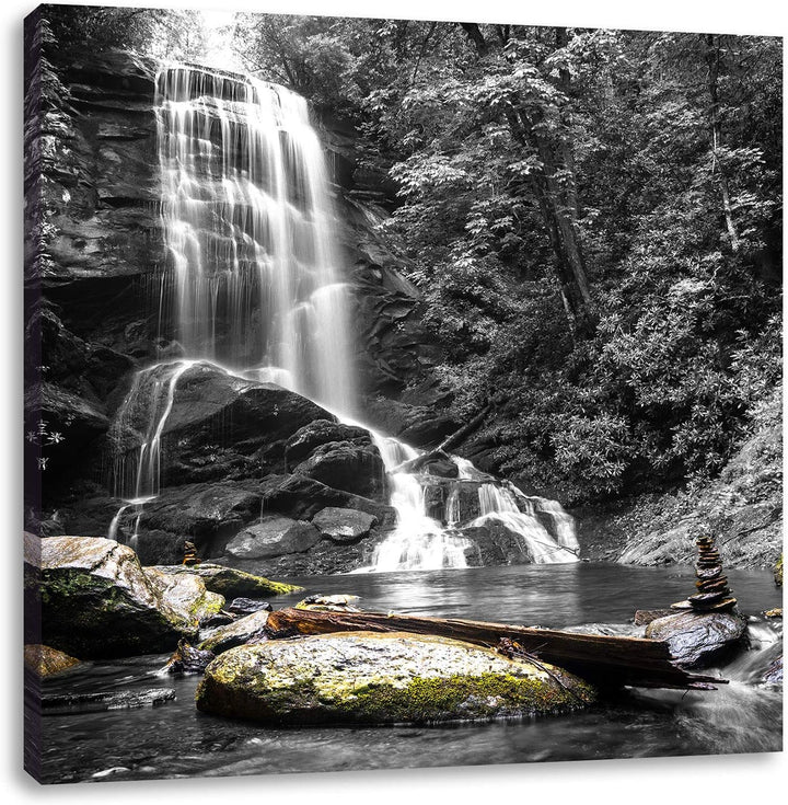 Pixxprint schöner Wasserfall mit Steinturm als Leinwandbild Quadratisch/Grösse: 70x70 / Wandbild/Kun