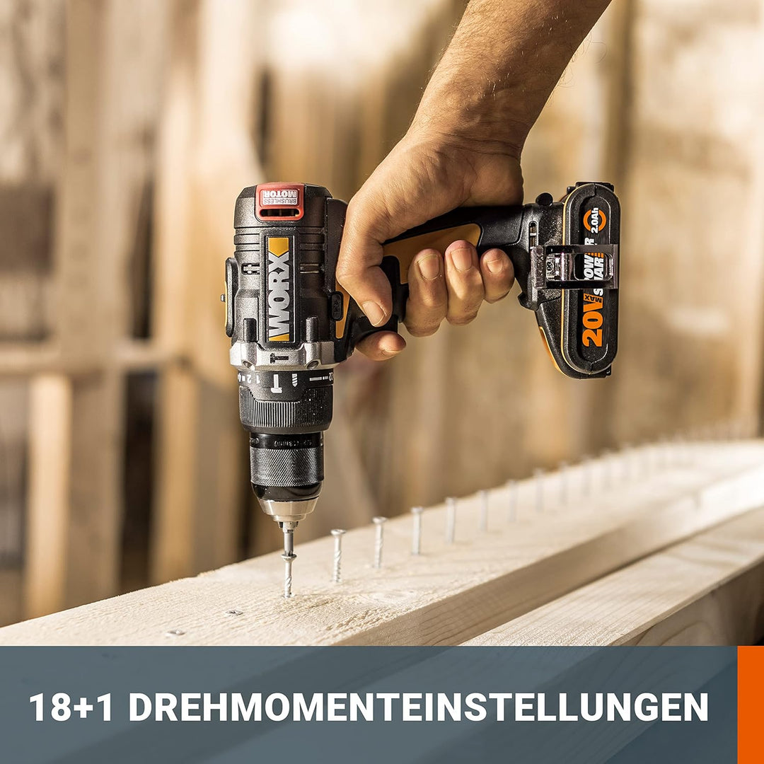 WORX WX175.9 Akku Bohrschrauber 20V – Bürstenloser Akkuschrauber - 60Nm, 2-Gang-Getriebe & LED-Licht