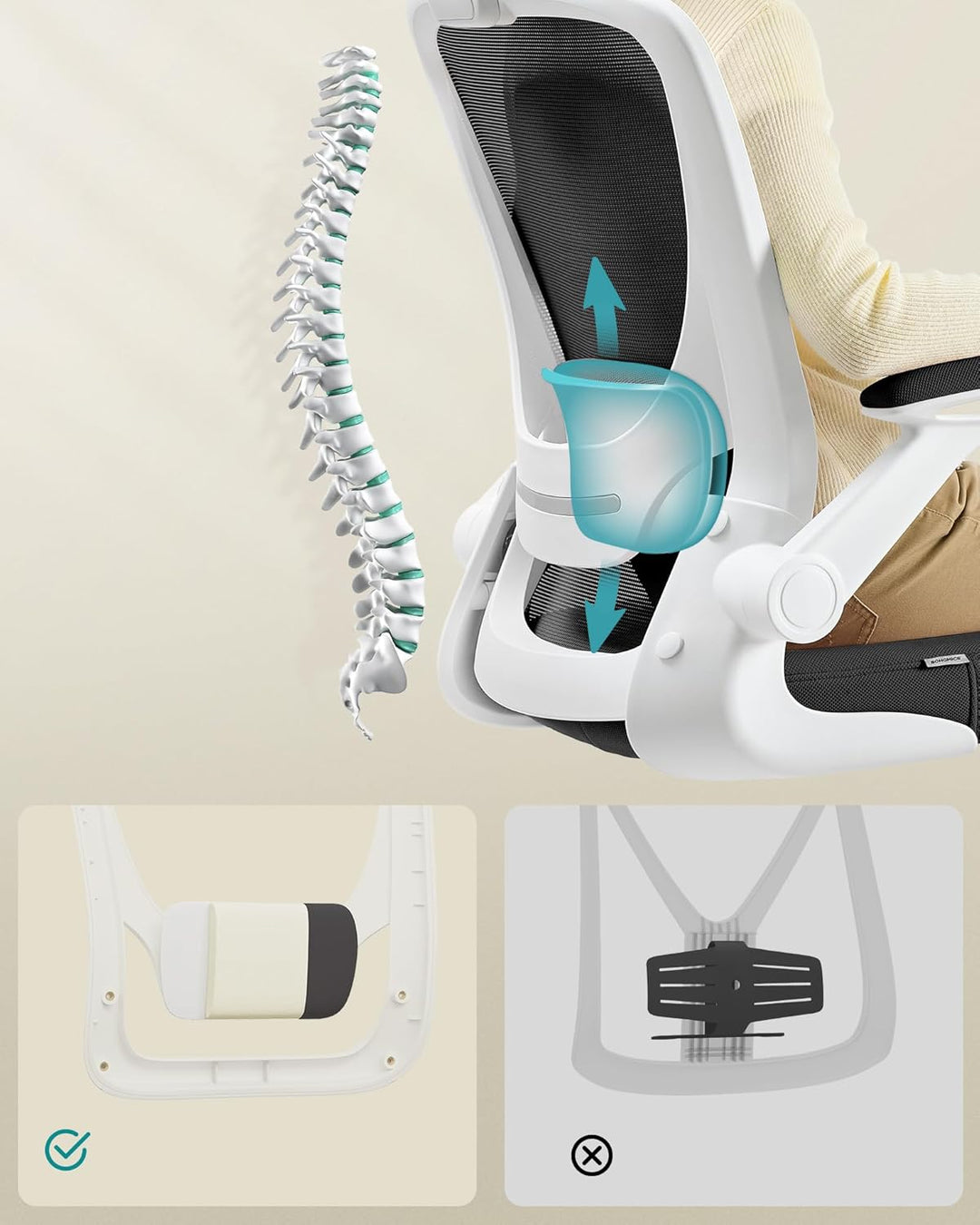 SONGMICS Bürostuhl ergonomisch, Schreibtischstuhl klappbare armlehne, 360° Drehstuhl, verstellbare L
