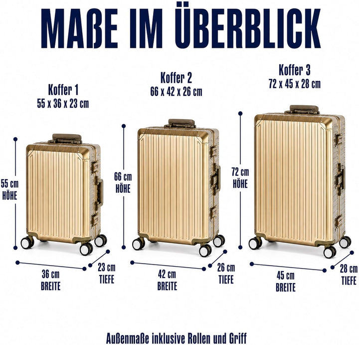 Travelhouse Tokyo 100% Aluminium Reisekoffer 3 Set 55cm + 65cm + 72cm (Champagner, Handgepäck, Mittl