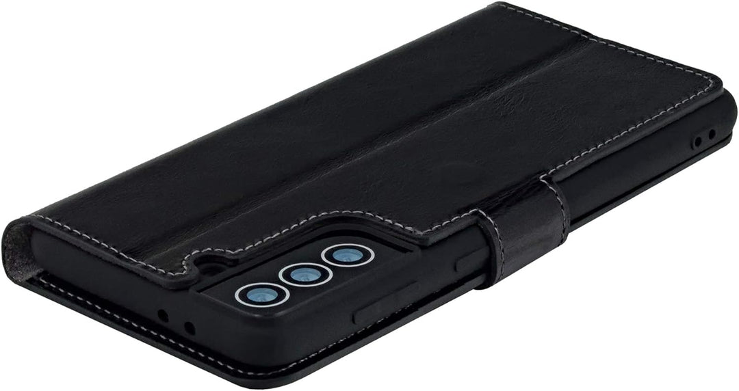 Suncase Book-Style Hülle kompatibel mit Samsung Galaxy S21 FE 5G Leder Tasche (Slim-Fit) Lederhülle