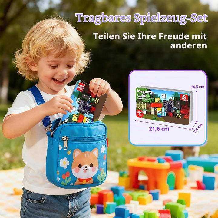 Magnetische Bausteine 45 Teile Reiseset - Tragbarer Eisern Koffer für Magische Waldabenteuer unterwe