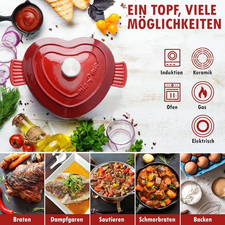 MIAMIO – Emaille Gusseisen Topf in Herzform (3 Liter, 24 cm) / Geschenk zu Weihnachten für alle Herd