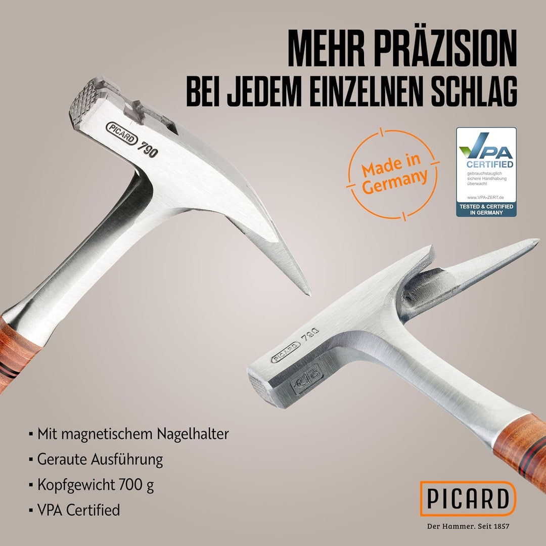PICARD Ganzstahl-Latthammer Nr. 790 geraut | Magnetischer Nagelhalter | Ledergriff aus verwindungssi
