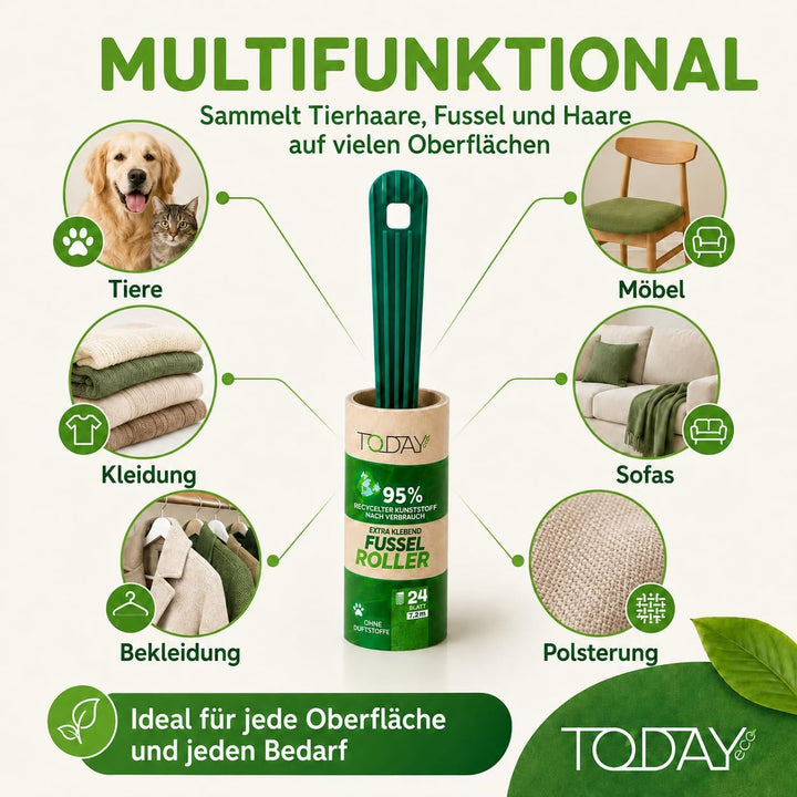 Today Eco - Fusselrolle 28 Rollen + Deckel + 2 Abroller 95% recyceltes Material - Fusselrolle Tierha