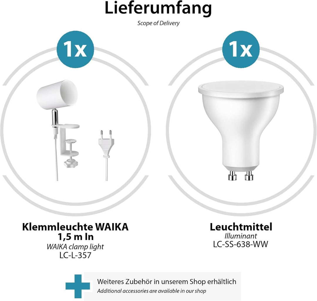 ledscom.de Klemmlampe WAIKA, Schalter, weiss matt, inkl. LED GU10 Lampe, 3-Stufen Dimmen: max. je 50