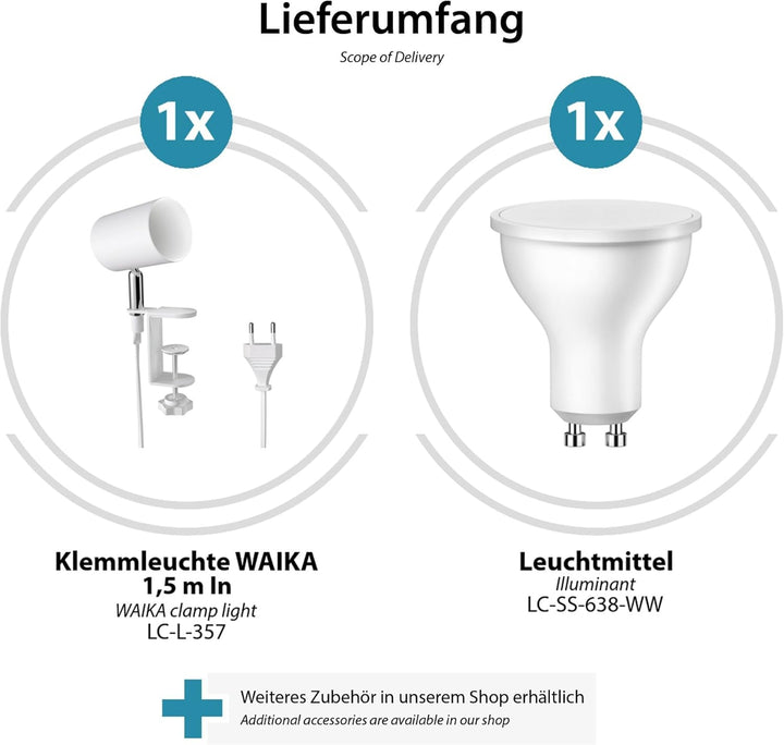 ledscom.de Klemmlampe WAIKA, Schalter, weiss matt, inkl. LED GU10 Lampe, 3-Stufen Dimmen: max. je 50