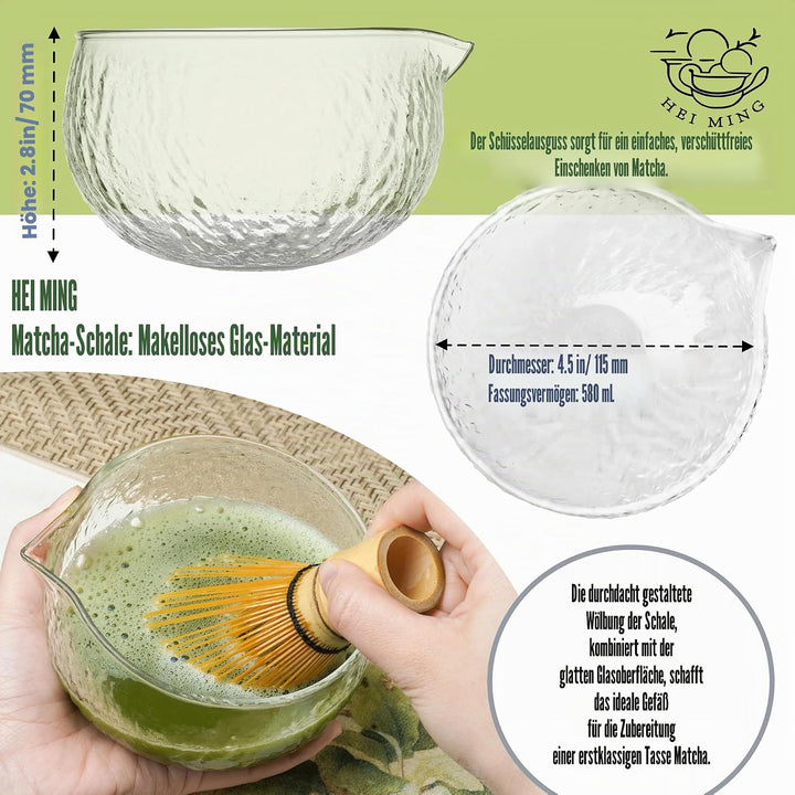 HEI MING Matcha Set hat 8 Teile, Zeremonielles Matcha Tee Set, Glas Matcha Schale und handgemachter