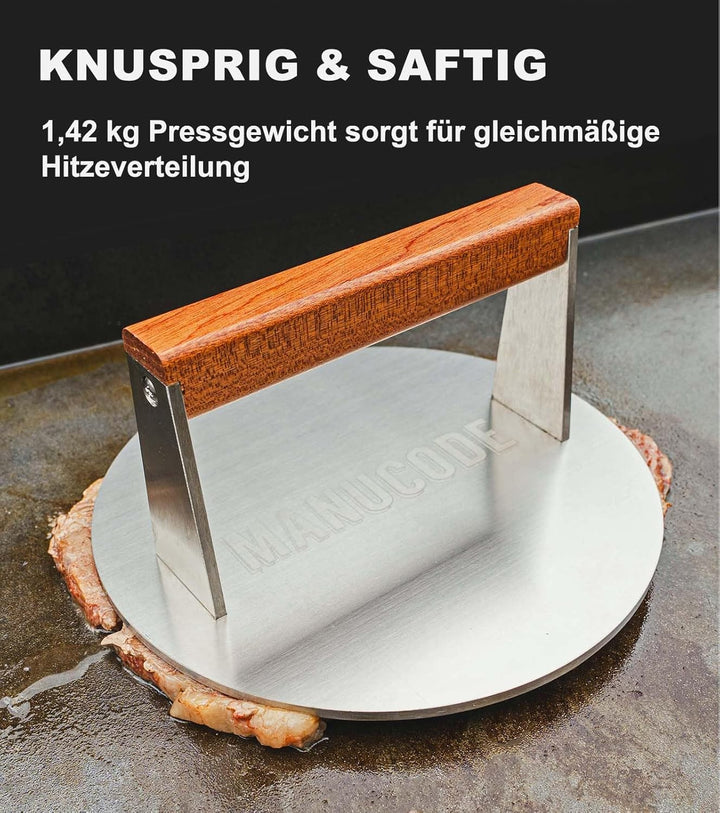 Manucode Pro-Grade 20,5cm Edelstahl Grillpresse – 1,42kg Hochleistungs-Burgerpresse mit Nicht verdre