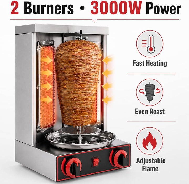 Gas Döner Machine, Gas-Rotationsgrill mit 2 Brennern, Grossvolumiger für Zuhause, 3000W 220V LPG gew