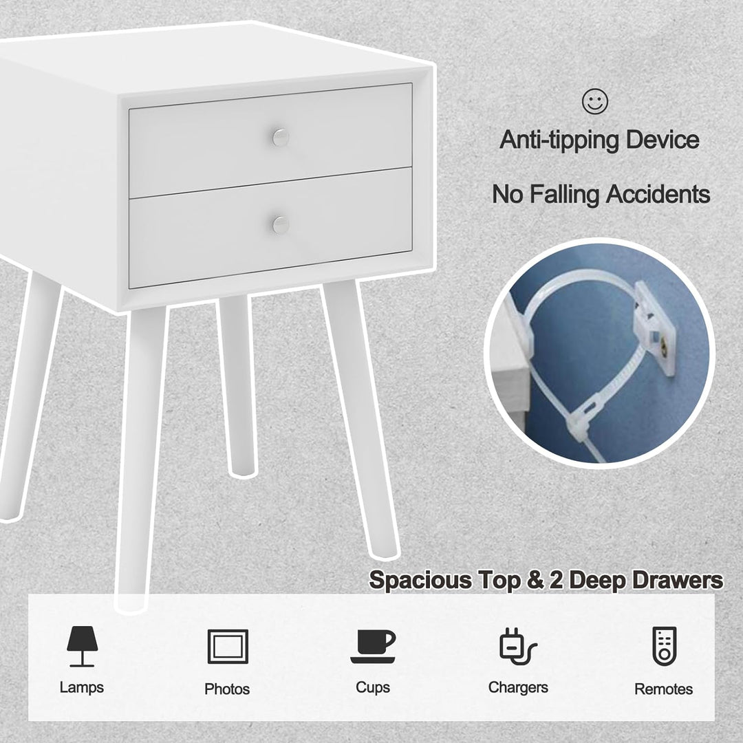 KOMFOTTEU Nachttisch mit Beinen aus Massivholz, Nachtschrank mit 2 Schubladen, skandinavisches Beist