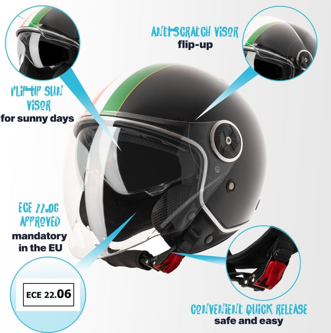 VINZ Neiva Jethelm mit Doppelvisier | Roller Helm mit Italienische Flagge & mit Sonnenblende | In Gr