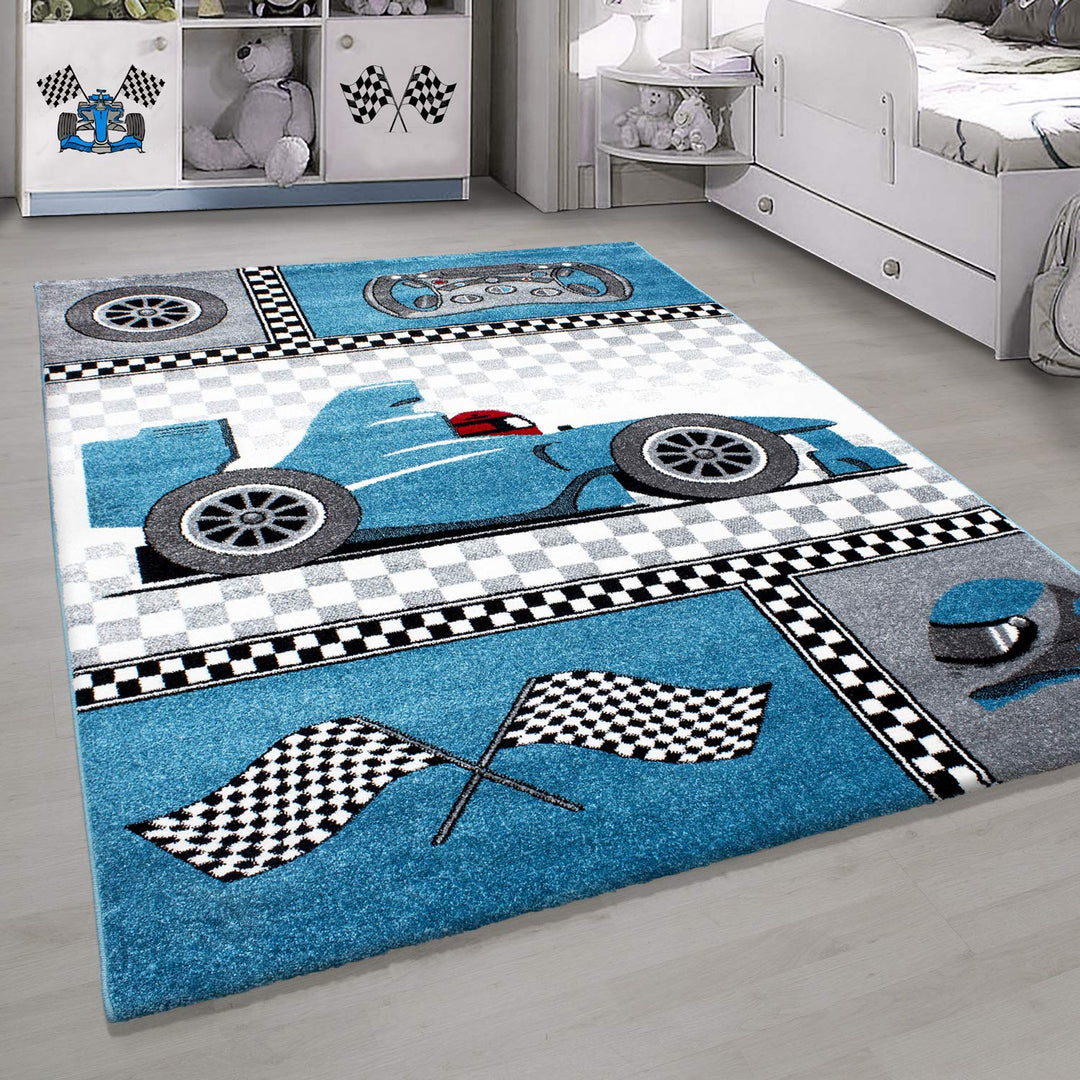 Kinderteppich Blau 80x150 cm Rennwagenmuster Läufer Jungen Teppich Kinderzimmer Kurzflor Teppich Ext