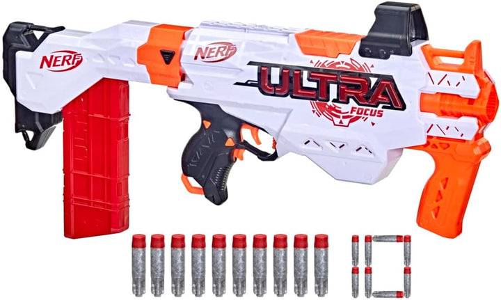 NERF Ultra Focus Blaster, 10 AccuStrike Ultra Darts, Clip-Magazin, Schulterstütze, nur mit NERF Ultr