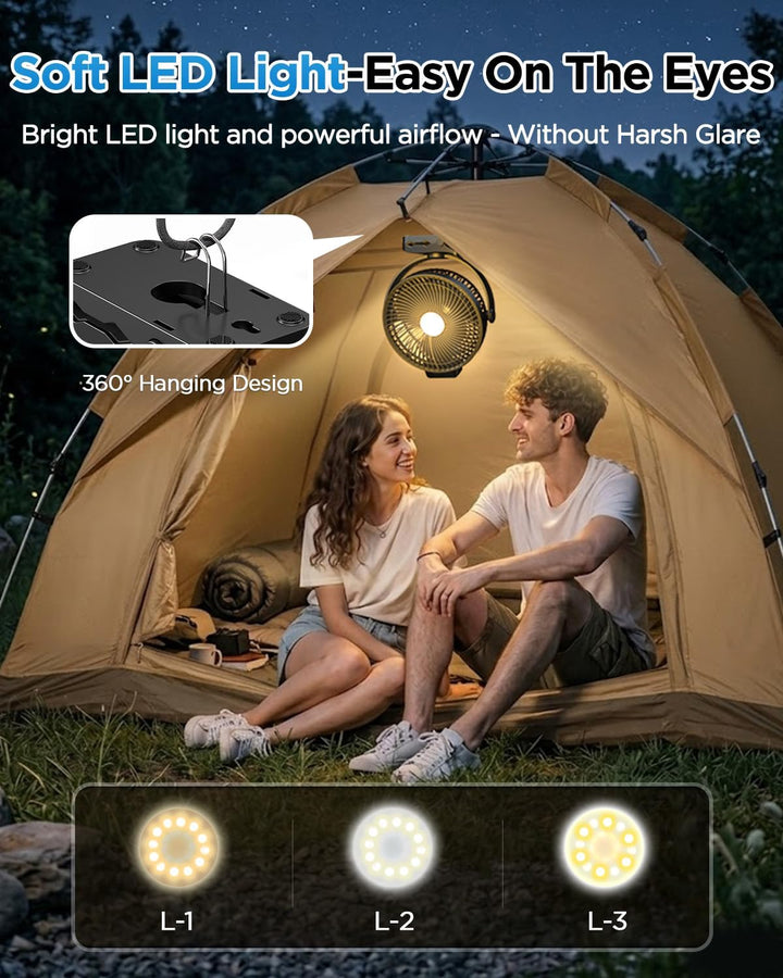 EasyAcc 20000mAh Camping Ventilator – 43 Std. Laufzeit, Fernbedienung & Timer, LED Licht, 360° Drehu