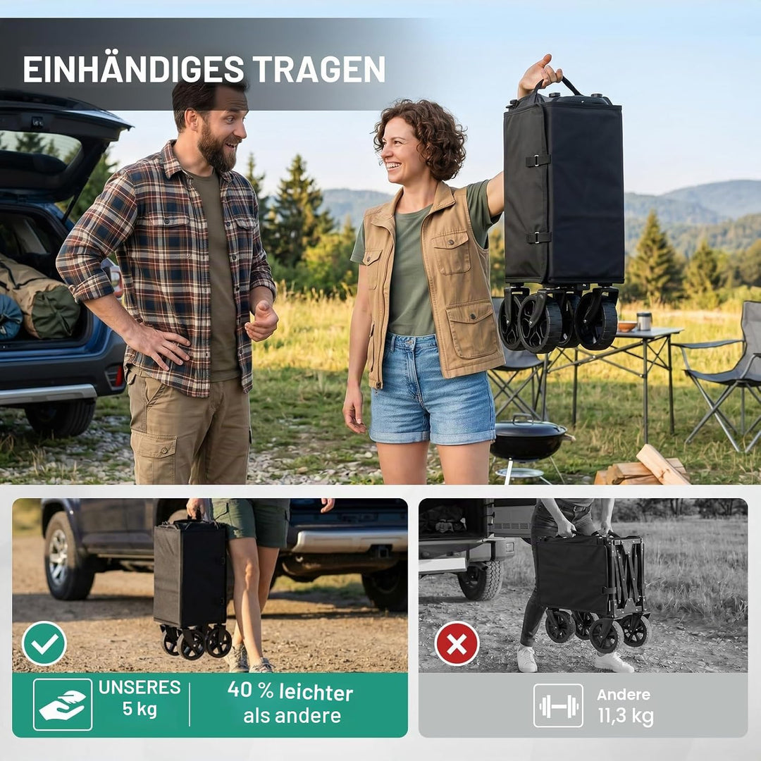 Overmont Bollerwagen Faltbar 3-in-1-120L 100KG Belastbar Klappbarer Handwagen mit All-Terrain Rädern