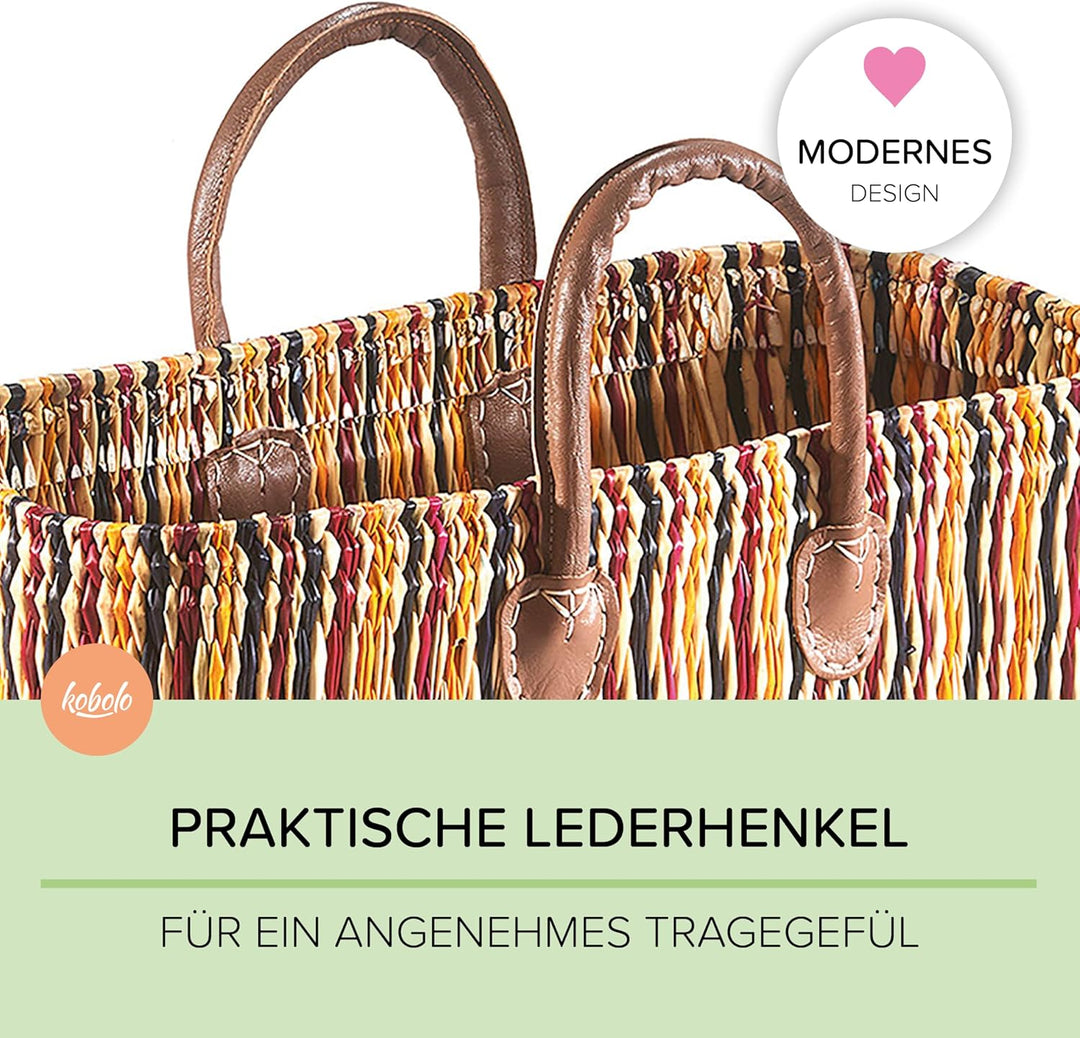 Kobolo Tasche Seegrastasche Korbtasche Strandtasche - Lederhenkel - Bunt