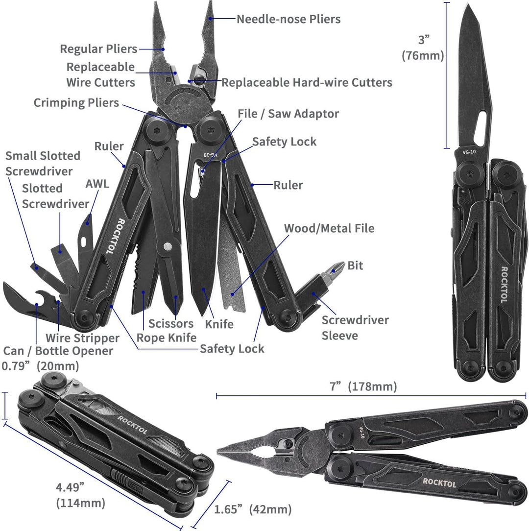 ROCKTOL Multitool, VG-10 Blade, 29-in-1 Multitool Pliers with Replaceable Wire Cutters and Saw, Heav