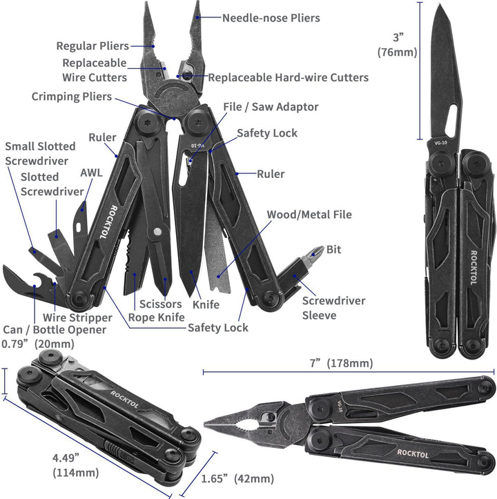 ROCKTOL Multitool, VG-10 Blade, 29-in-1 Multitool Pliers with Replaceable Wire Cutters and Saw, Heav