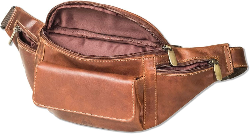 Grosse Bauchtasche Vorne mit einem Druckknopf-Aussenfach Rindsleder Multicolor/Cognac, Multicolor/Co