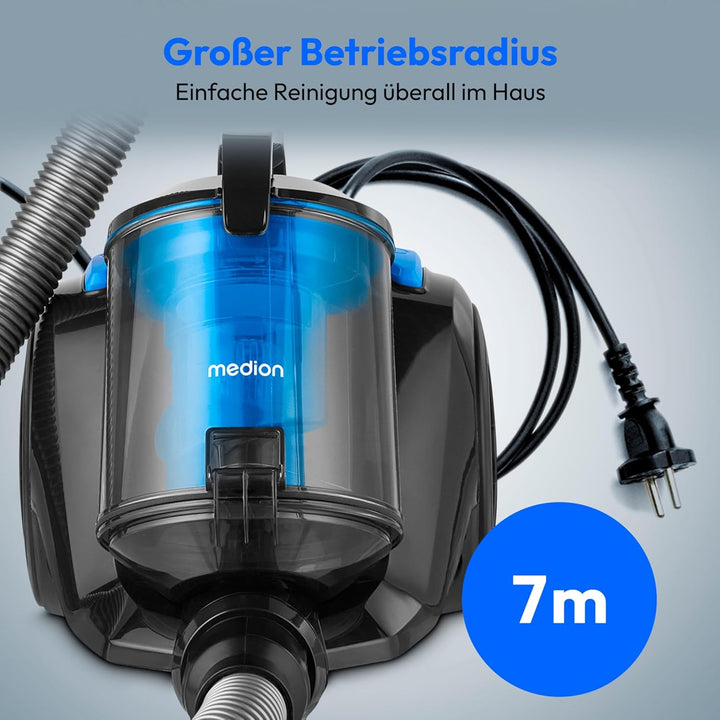 MEDION E2001 Zyklon-Staubsauger (beutellos, 800 Watt Leistung, 2 Liter Staubbehälterkapazität, 7 m A