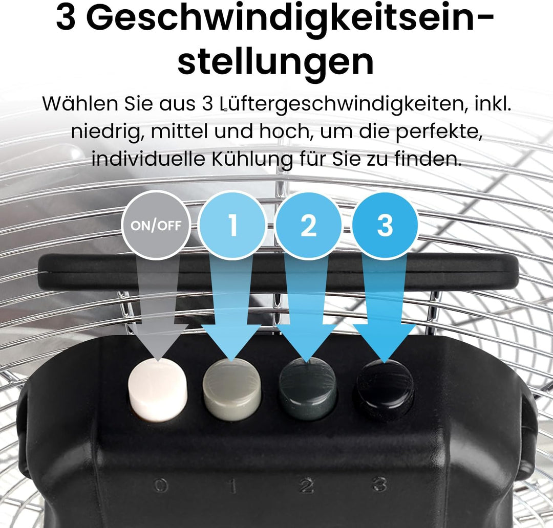 Pro Breeze 30,5 cm Bodenventilator aus Chrom - 50W Ventilator klein mit 3 Geschwindigkeitsstufen, 11