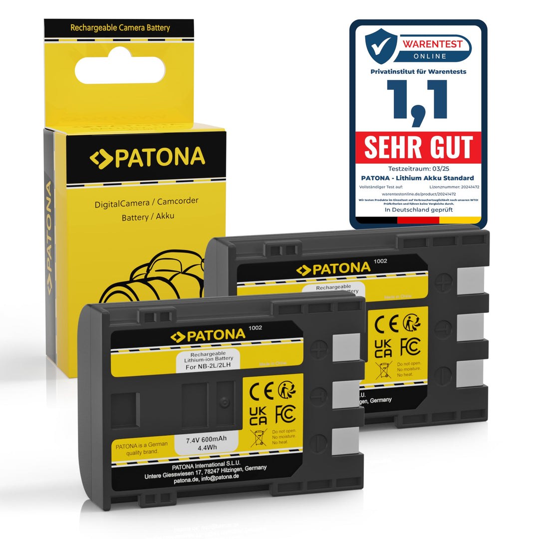PATONA 2X Akku Ersatz für Canon NB-2L, NB-2LH Battery Pack 600mAh 4.4Wh | Ersatzakku für EOS 350D 40